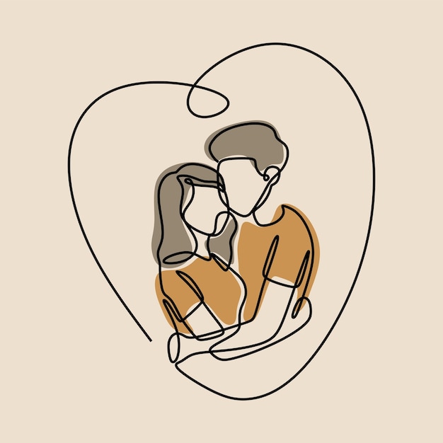Pareja, abrazar, besar, dentro, amor, en línea, línea continua, arte