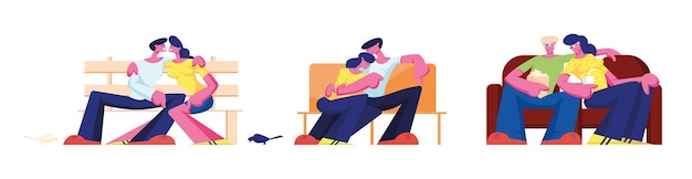 Pareja abrazo sentado en el sofá en casa, banco en el parque y sofá en el cine. Relaciones románticas, amor y citas. Tiempo libre. Cariñosos personajes de ocio, hombre abrazo a mujer. Ilustración de Vector de gente de dibujos animados