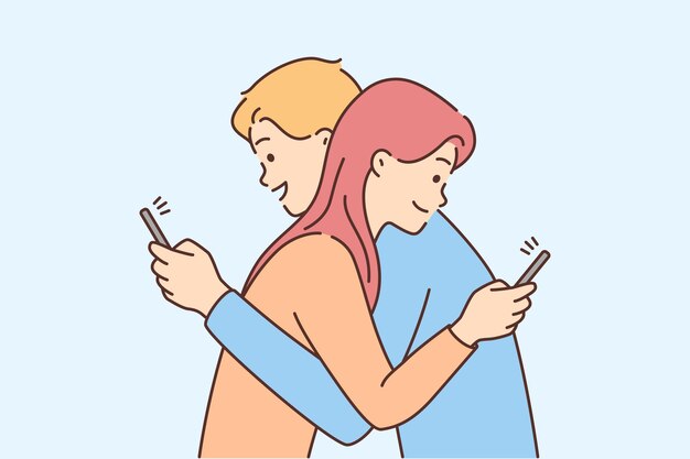 pareja, abrazo, utilizar, teléfono celular