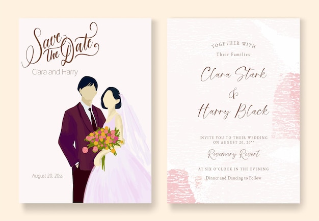 pareja de acuarela bonita floral minimalista elegante invitación de boda conjunto plantilla maqueta de vector libre