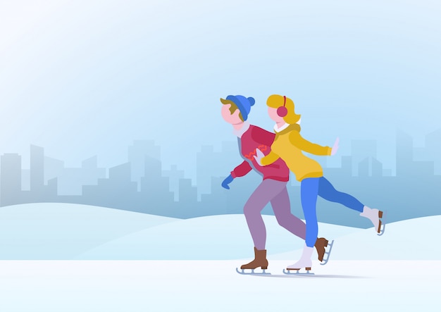 Pareja adolescentes niño y niña patinando sobre hielo ilustración vectorial.