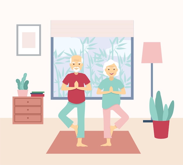 Pareja de adultos mayores haciendo yoga en casa Pareja de ancianos actividad jubilación deporte concepto de fitness