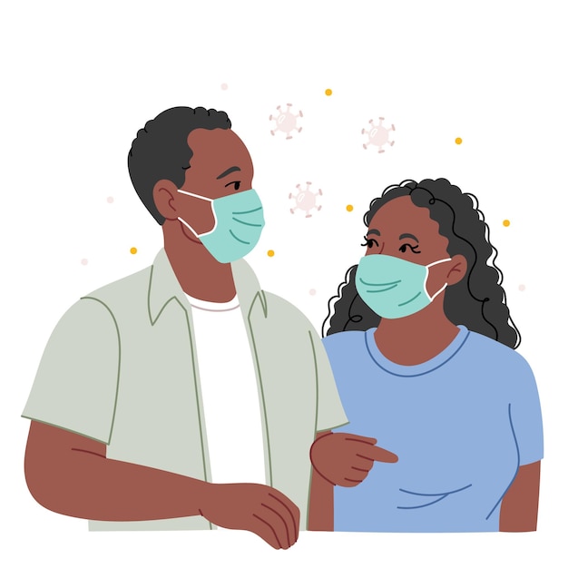 Vector pareja africana en máscaras médicas protectoras. precauciones durante un brote de coronavirus.
