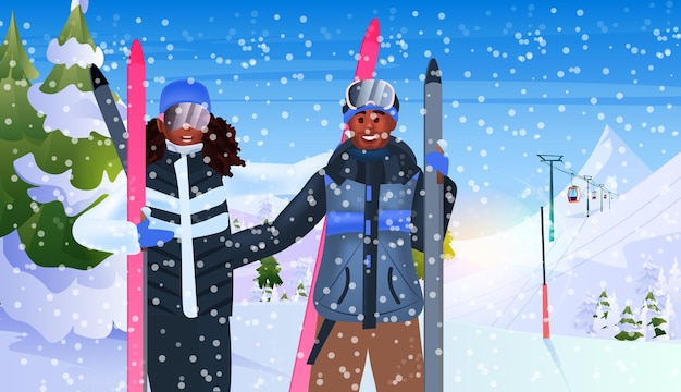 Pareja afroamericana esquiando turistas haciendo actividades concepto de vacaciones de invierno fondo de paisaje de nevadas