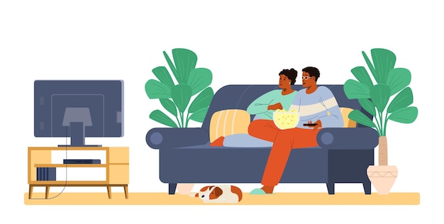 Pareja afroamericana con un perro viendo la televisión