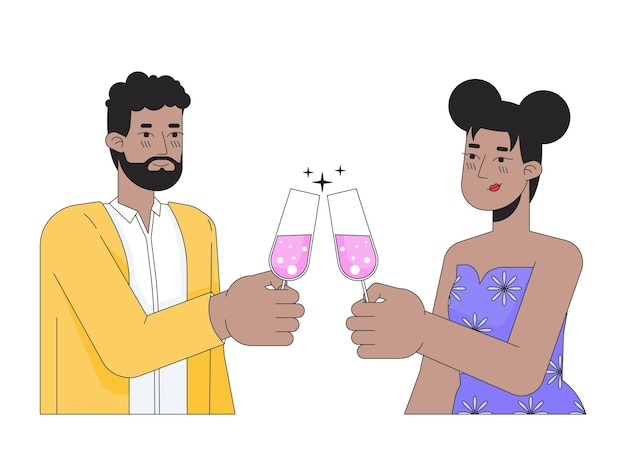 Vector pareja afroamericana tintineando vasos personajes de dibujos animados lineales 2d