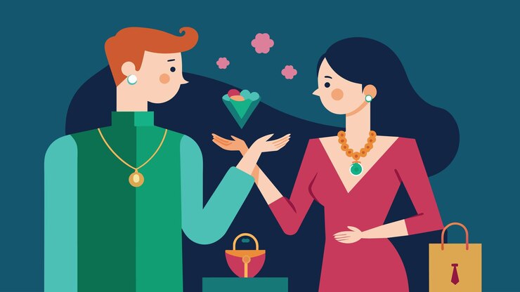 Vector la pareja agarra un puñado de joyas baratas pero únicas y las prueba y compara sus hallazgos