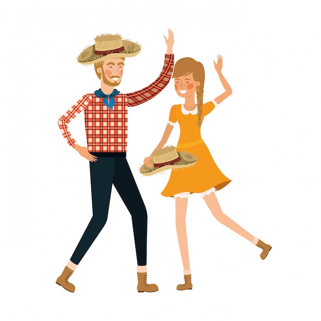 Pareja de agricultores bailando con sombrero de paja