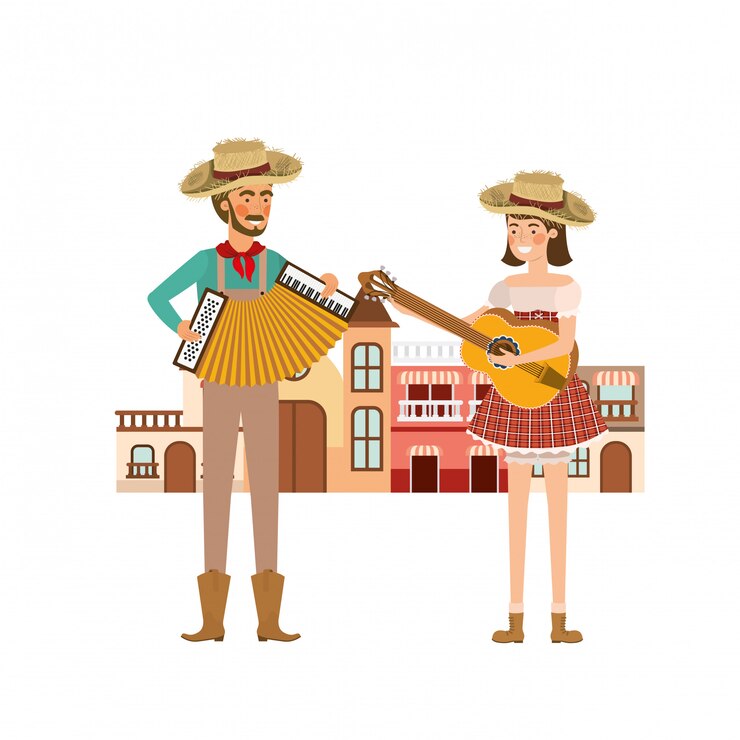 Vector pareja de agricultores con casas.