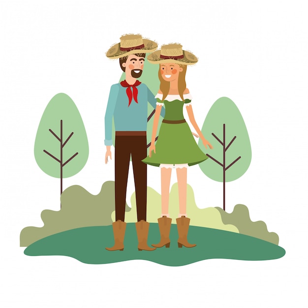 Vector pareja de agricultores hablando con sombrero de paja en el paisaje