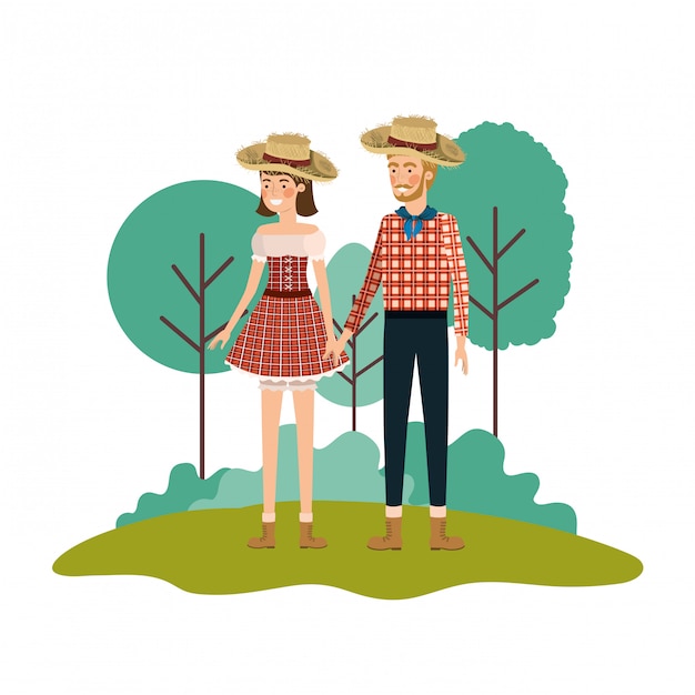 Vector pareja de agricultores hablando con sombrero de paja en el paisaje