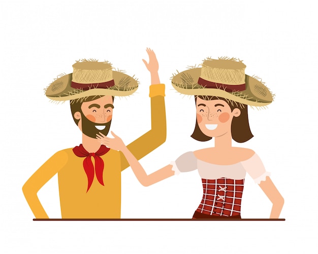 Pareja de agricultores hablando con sombrero de paja