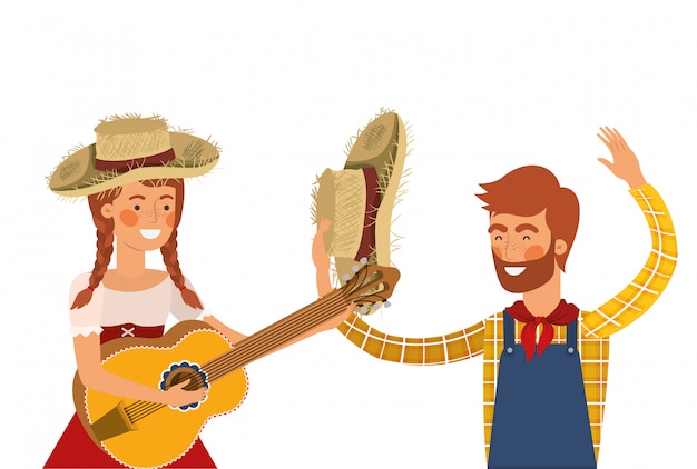 Vector pareja de agricultores con instrumento musical