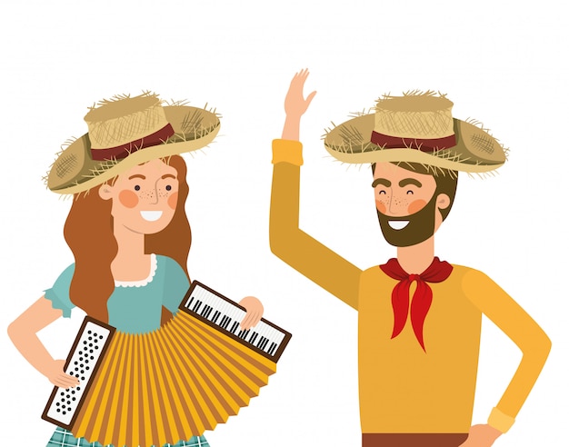 Vector pareja de agricultores con instrumento musical