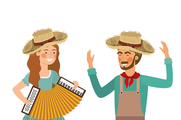 Vector pareja de agricultores con instrumento musical