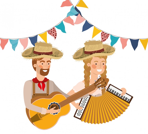 Vector pareja de agricultores con instrumentos musicales.