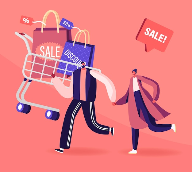 Pareja alegre adicta a las compras con carro lleno de compras y regalos. Ilustración plana de dibujos animados