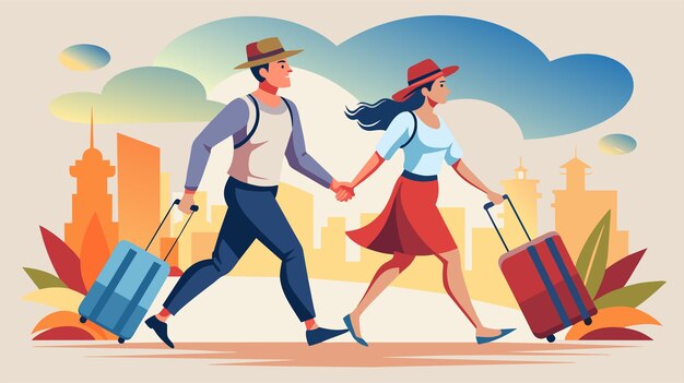 Una pareja alegre viajando juntos con equipaje en un vibrante paisaje urbano