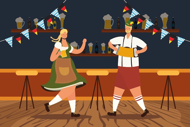 Vector pareja alemana vistiendo traje tirolés bebiendo cervezas y tocando el acordeón, diseño de ilustraciones vectoriales