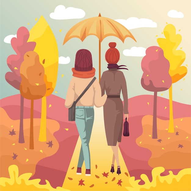 Pareja de amigas jóvenes caminando en el parque de otoño bajo el paraguas. ilustración
