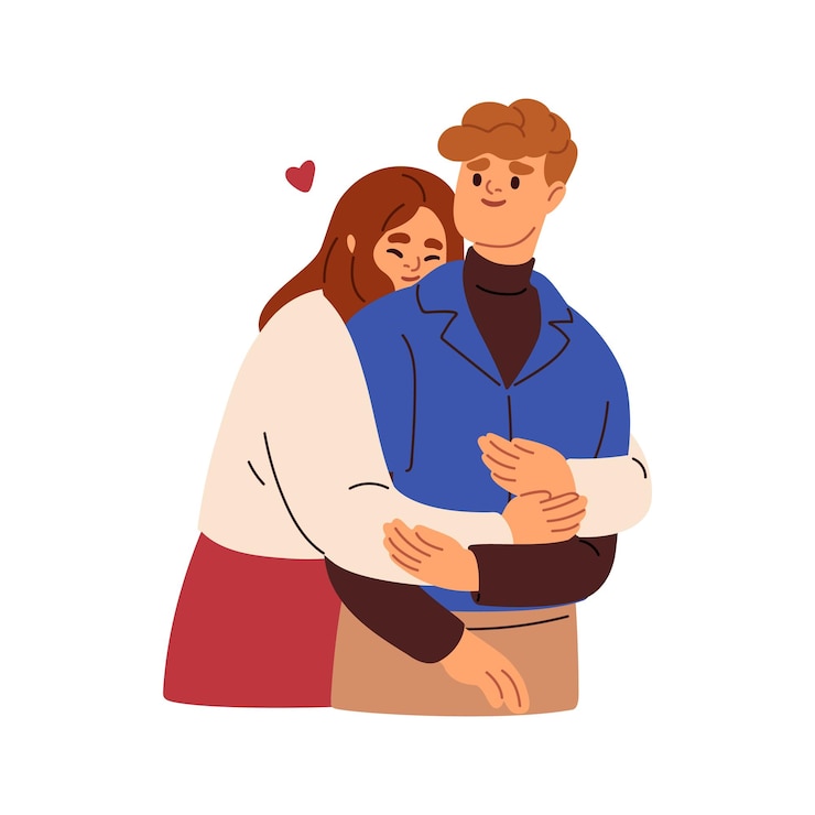 Vector pareja de amor abrazándose mujer joven feliz abrazando a un hombre san valentín con ternura afecto de pie detrás de personajes en relación romántica ilustración vectorial plana aislada sobre fondo blanco