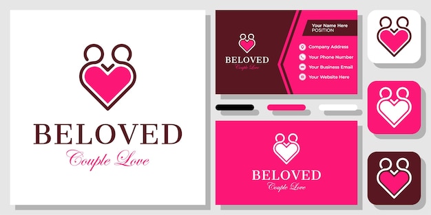 Pareja amor amado romántico san valentín dulce corazón feliz diseño de logotipo con plantilla de tarjeta de visita