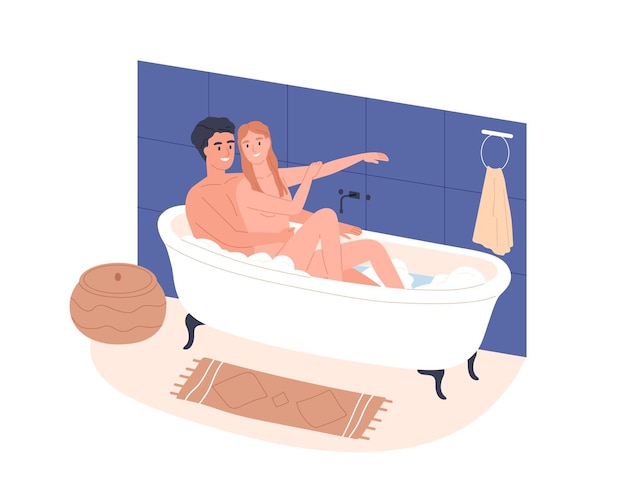 Vector pareja de amor bañándose, relajándose en la bañera con espuma, burbujas. feliz hombre y mujer románticos descansando juntos en la bañera en el baño de casa. ilustración de vector plano de amantes aislado sobre fondo blanco.
