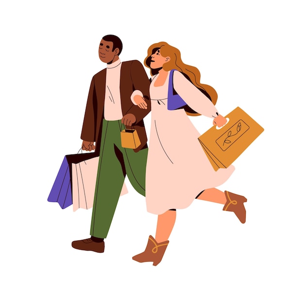 Vector pareja de amor con bolsas de compras después de la venta de ropa de moda. hombre y mujer felices con compras.