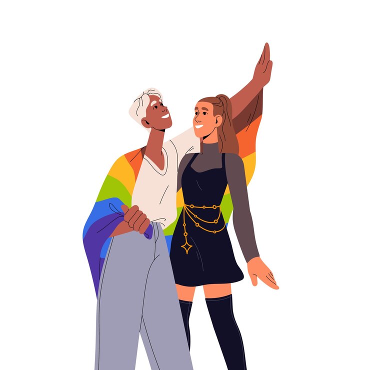 Vector pareja de amor lgbt niñas lesbianas sosteniendo bandera arco iris lgbtq mujeres homosexuales felices amigas en relaciones románticas concepto del mes del orgullo ilustración vectorial plana aislada en fondo blanco
