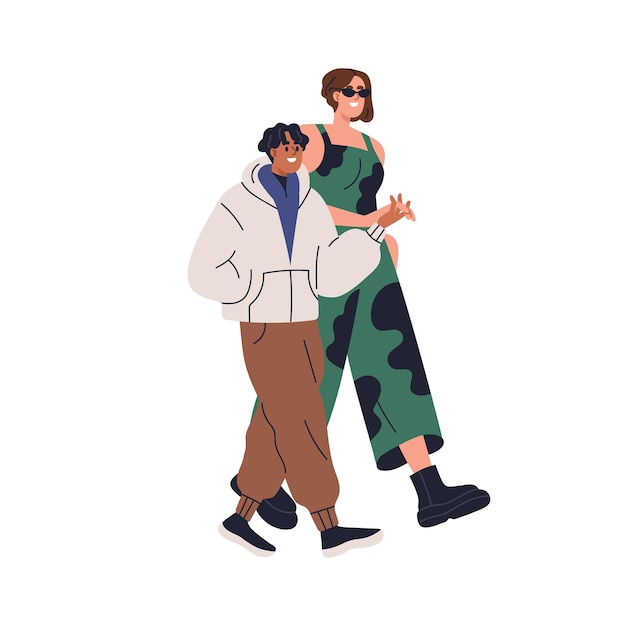 Vector pareja de amor mujer alta y hombre bajo valentines parejas románticas de diferentes alturas caminando juntas amantes inusuales felices tomados de la mano ilustración vectorial plana aislada sobre fondo blanco