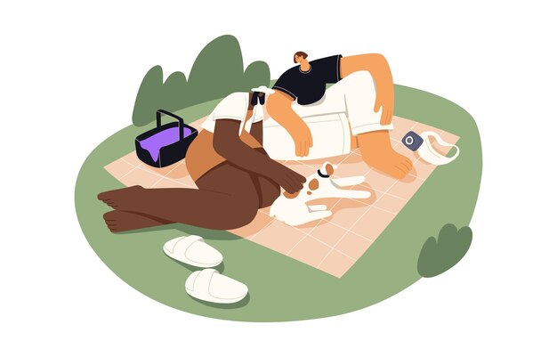 Pareja de amor y perro descansando en una manta de picnic en la naturaleza Fecha romántica al aire libre de los jóvenes Hombre y mujer con mascota relajándose el fin de semana de verano Ilustración vectorial plana aislada en fondo blanco