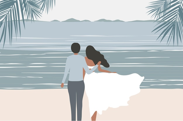 Pareja amorosa abrazándose en la ilustración de vector de fondo de vista de playa feliz día de san valentín