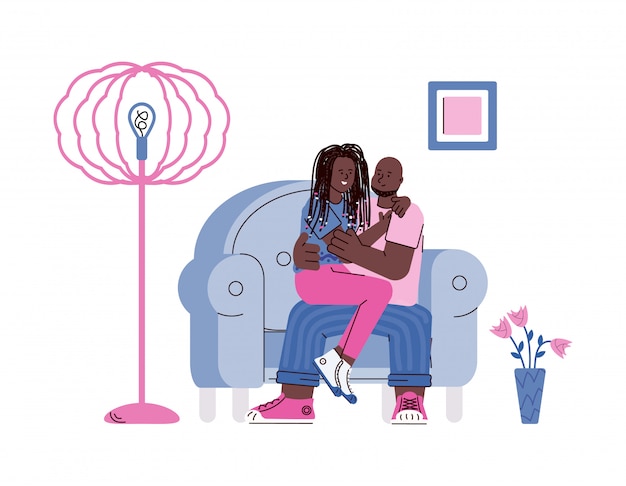 Pareja amorosa afroamericana abrazando, ilustración de dibujos animados