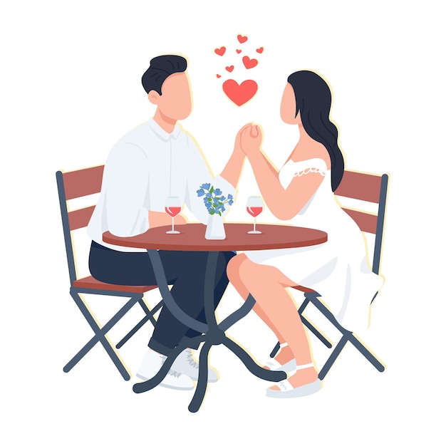 Pareja amorosa cenando al aire libre personajes vectoriales de color semiplano figuras sentadas personas de cuerpo completo en blanco ilustración de estilo de dibujos animados simple de café de verano para diseño gráfico web y animación