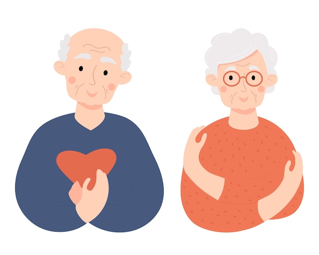 Pareja amorosa de personas mayores Linda anciana y anciano calvo con corazón Ámate a ti mismo