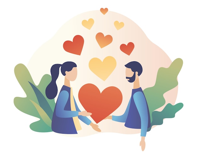 Pareja amorosa sosteniendo el corazón en las manos Concepto de cita romántica Personajes Día de San Valentín