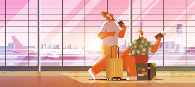 Pareja de ancianos abuelos turistas con equipaje con pasaportes y boletos listos para embarcar en el aeropuerto concepto de vacaciones de verano de vejez activa horizontal ilustración vectorial de longitud completa