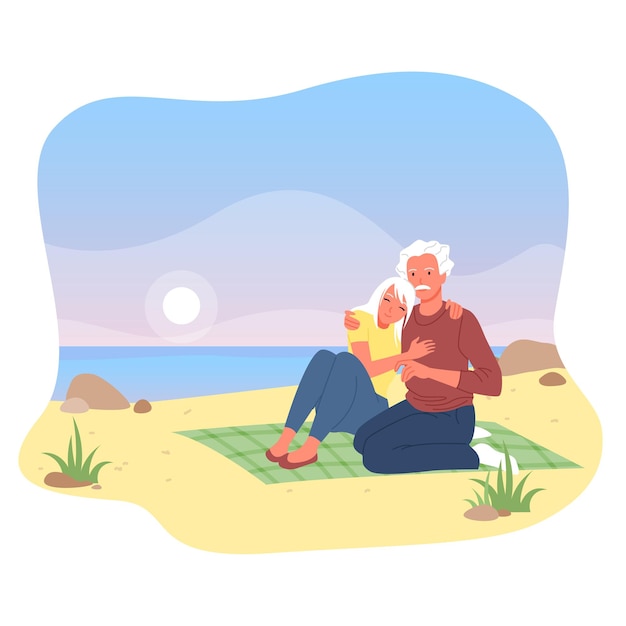 Vector pareja de ancianos amorosos abrazan ilustración vectorial. personajes de dibujos animados hombre mujer senior sentados juntos en la playa del mar, viendo la puesta de sol de la naturaleza, el amor y las relaciones en la vejez aislado en blanco