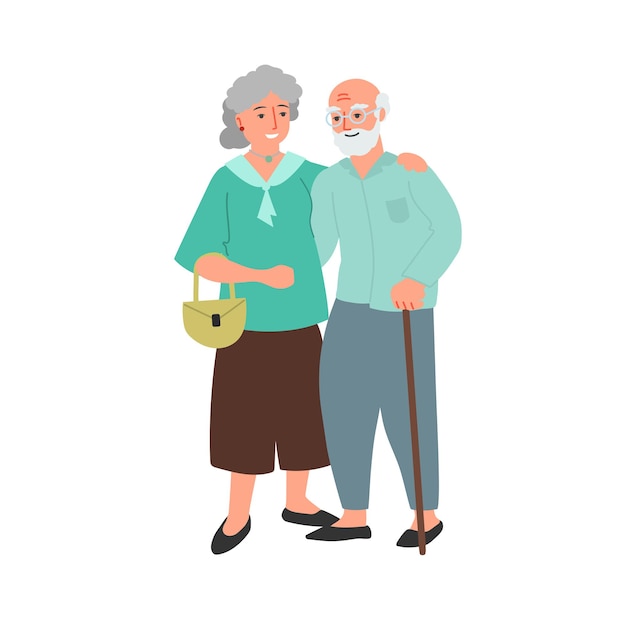 Vector pareja de ancianos anciano caucásico barbudo hombre y mujer dibujos animados diseño plano ilustración familia feliz