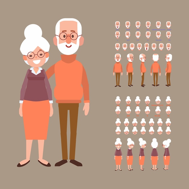 Pareja de ancianos para animación abuela y abuelo personajes de dibujos animados de vector plano