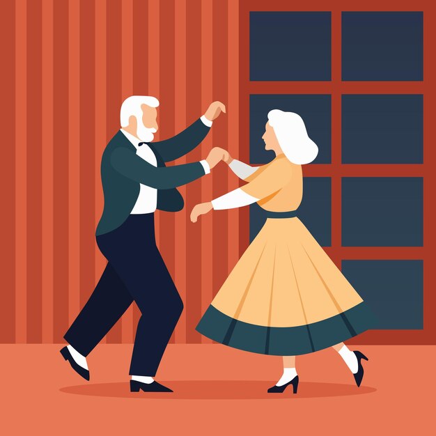 Vector una pareja de ancianos bailando un hombre y una mujer ancianos bailan en una habitación diseño plano sin ilustración facial