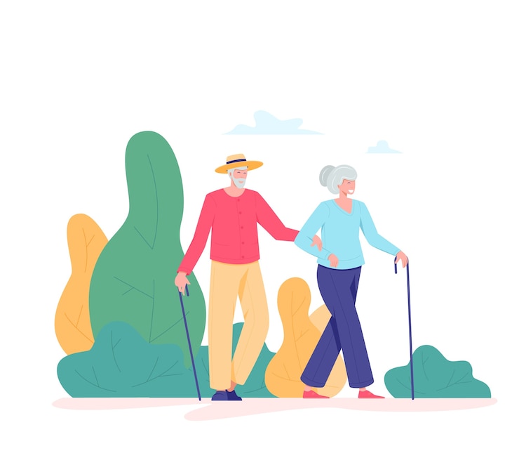 Vector pareja de ancianos caminando al aire libre. anciano y mujer con un bastón caminando en un parque. concepto de actividades para jubilados de recreación y ocio. ilustración de personas mayores, estilo plano.
