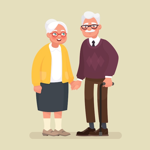 Vector pareja de ancianos cogidos de la mano.