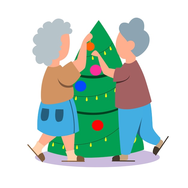 Una pareja de ancianos está decorando un árbol de navidad