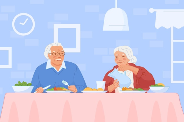 Vector pareja de ancianos desayunando mujer anciana hombre anciano comiendo alimentos saludables en la mesa de la cocina abuela con el abuelo cenando en el comedor abuelo vector feliz ilustración del desayuno para pareja