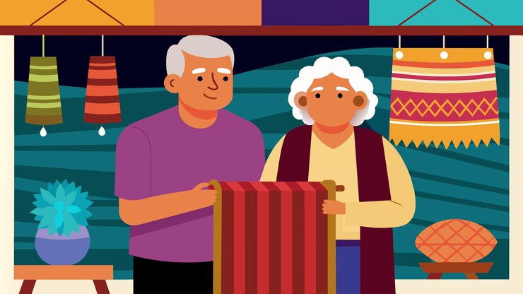 Vector una pareja de ancianos se detiene en un puesto que exhibe textiles intrincadamente tejidos que recuerdan a sus