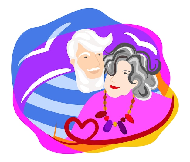 Pareja de ancianos enamorados. Concepto de familia brillante vectorial. ¡Feliz día de San Valentín!