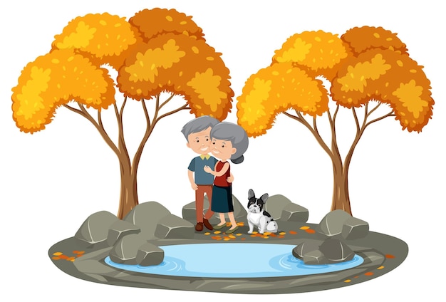 Pareja de ancianos enamorados de pie en el parque aislado