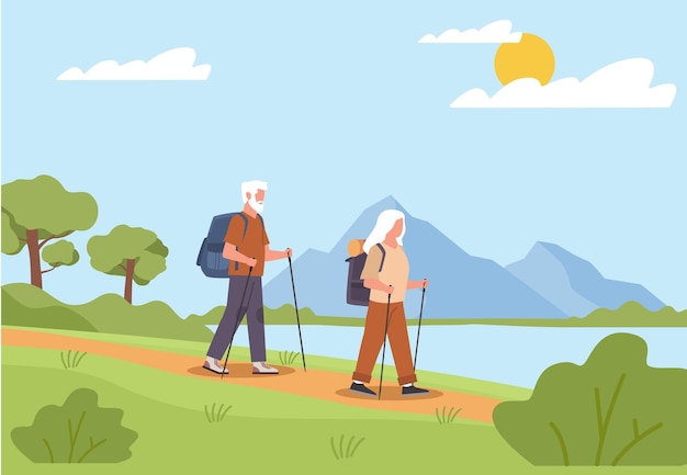 Una pareja de ancianos feliz y activa con mochilas viajando por un sendero de senderismo Una abuela y un abuelo caminando juntos Personas mayores actividad al aire libre Concepto de vector aislado de estilo plano de dibujos animados