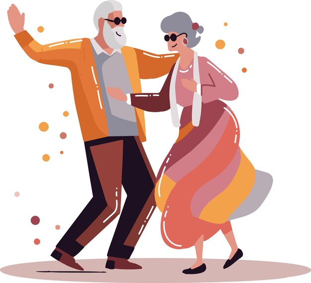 Vector pareja de ancianos feliz dibujada a mano bailando en estilo plano